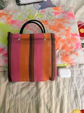 Striped Pink and Orange Canvas Tote Bag -
